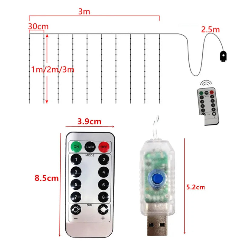 Cortina de Led de 3m 4m 6m Guirlanda na Janela Luzes de FIO USB Ano Novo Revellion Controle Remoto de Fadas Decorações de Casamento de Natal para Sala de Casa